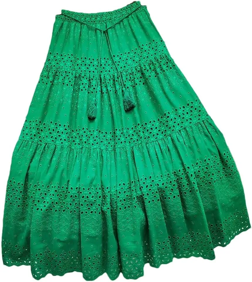 Women's Hollow Lace Skirt Solid Color A-Line High Waist Midi Skirt