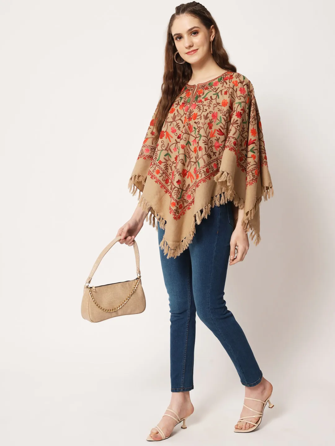 Woolen Kashmiri Poncho with Jaal Embroidery and Silk Lining | Brown