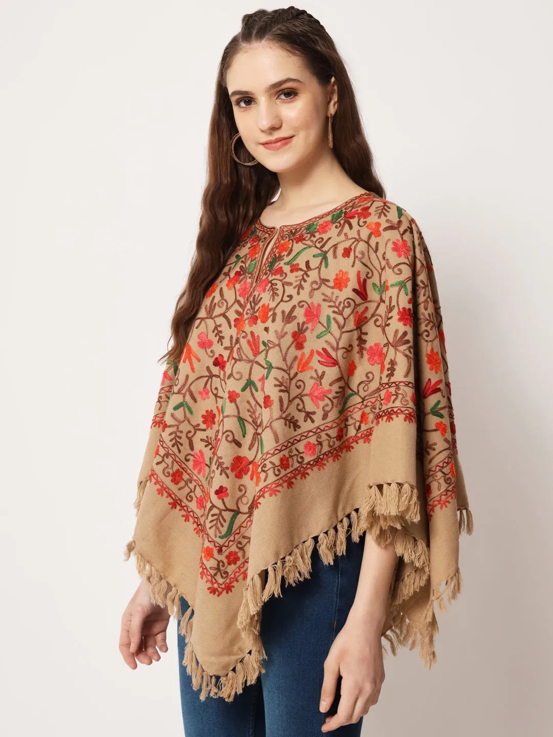 Woolen Kashmiri Poncho with Jaal Embroidery and Silk Lining | Brown
