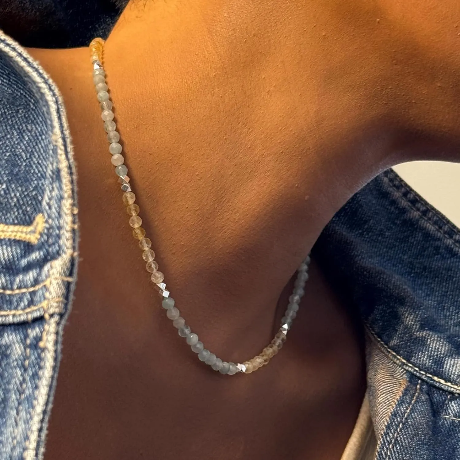 ZANNAH Gemstone Beaded Necklaces for Women - Boho Style Initial Necklaces 15"   3.15" Extender, Cute and Trendy Choker, Natural Stone Handmade Jewelry, Thoughtful Gifts for Women